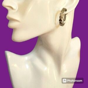 VTG Estate Leaf Pattern Pewter Art Nouveau Huggie Hoop Earrings